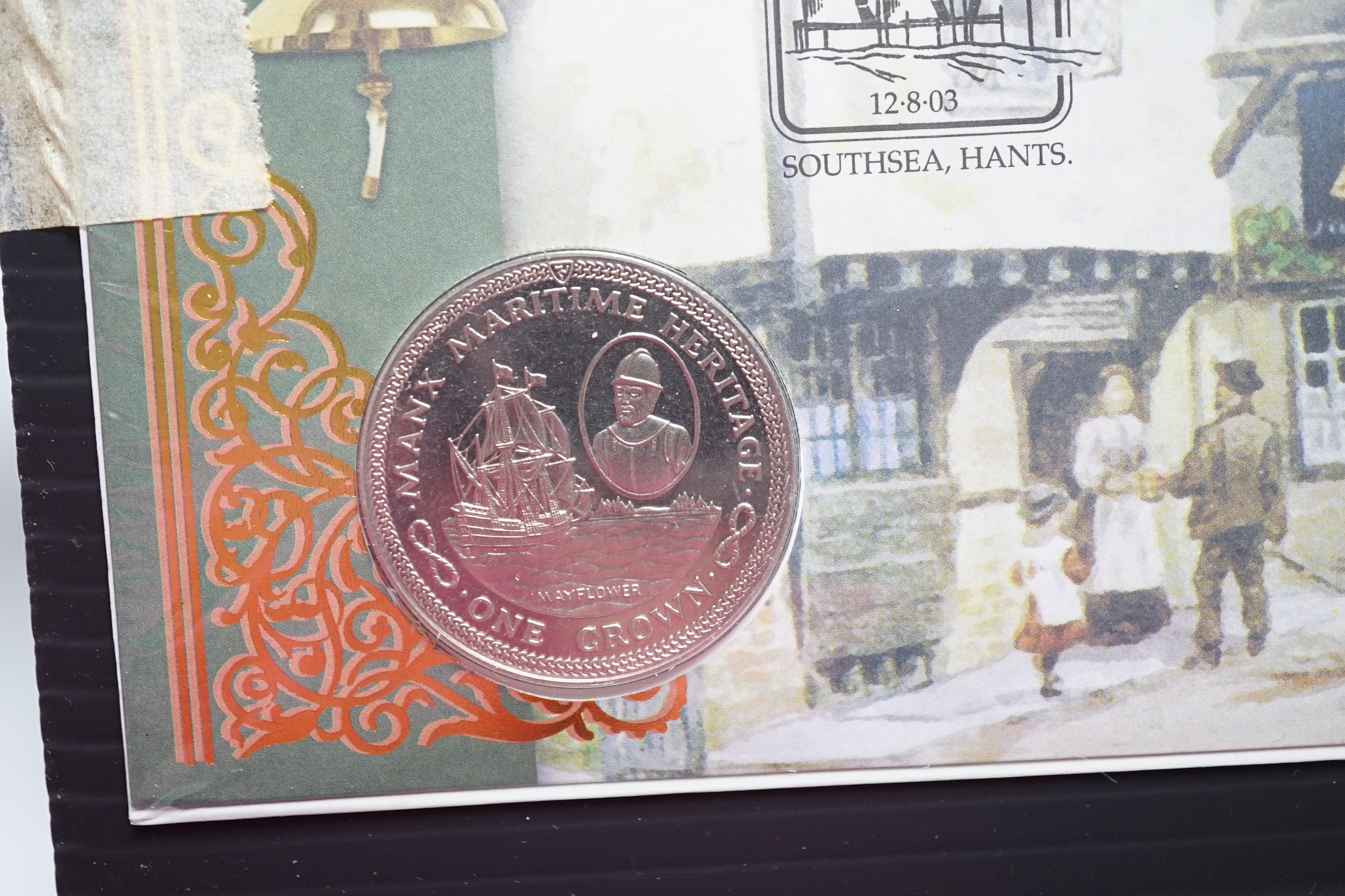 A quantity of assorted modern first day cover commemorative coins to include 2002 United Kingdom Brilliant Uncirculated Coin Collection and 2001 Victorian Anniversary crown